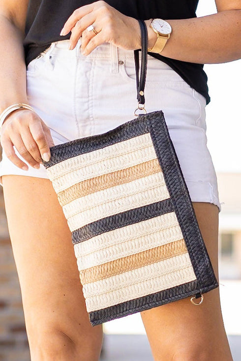 Patterned Woven Straw Dual Strap Shoulder Bag