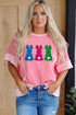 Peach Blossom Contrast Patchwork Detail Chenille Bunny Patched Easter Graphic Tee
