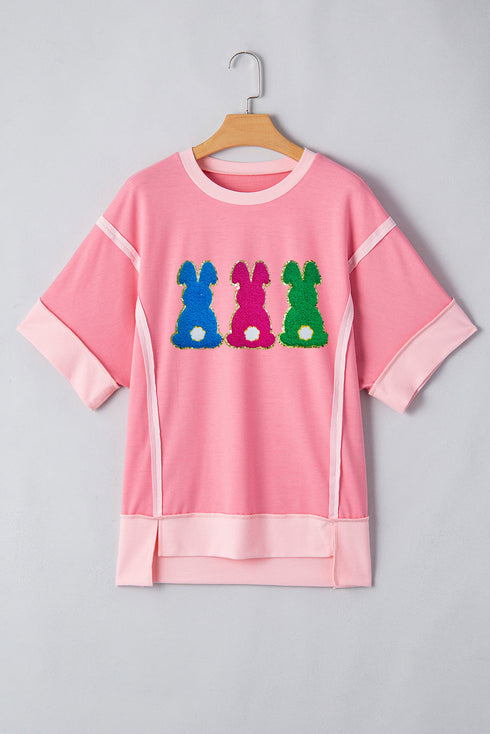Peach Blossom Contrast Patchwork Detail Chenille Bunny Patched Easter Graphic Tee