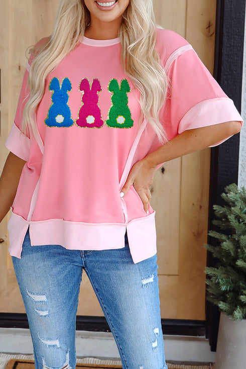 Peach Blossom Contrast Patchwork Detail Chenille Bunny Patched Easter Graphic Tee