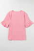 Peach Blossom Ruffled Half Sleeve V Neck Textured Plus Top