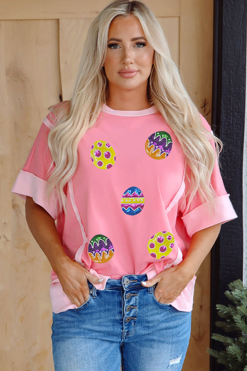 Peach Blossom Sequined Easter Eggs Contrast Patchwork Detail Short Sleeve Blouse
