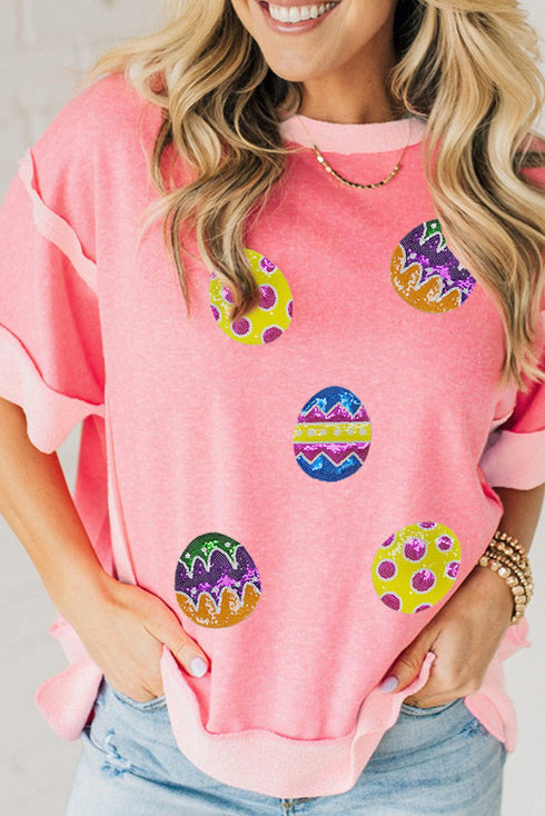 Peach Blossom Sequined Easter Eggs Contrast Patchwork Detail Short Sleeve Blouse