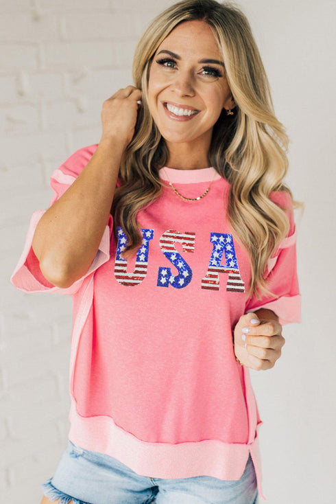 Peach Blossom Usa Color Block High Low Crew Neck T Shirt