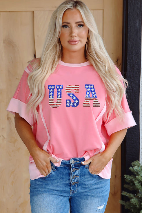 Peach Blossom Usa Color Block High Low Crew Neck T Shirt