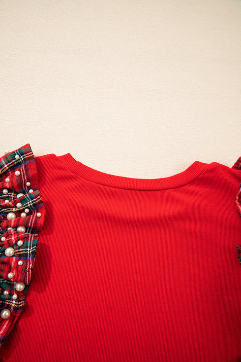 Pearl Accent Ruffled Sleeve Ribbed Knit Top