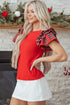 Pearl Accent Ruffled Sleeve Ribbed Knit Top