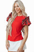 Pearl Accent Ruffled Sleeve Ribbed Knit Top