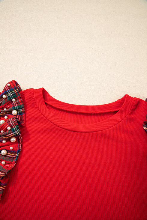 Pearl Accent Ruffled Sleeve Ribbed Knit Top