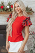 Pearl Accent Ruffled Sleeve Ribbed Knit Top