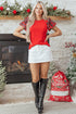 Pearl Accent Ruffled Sleeve Ribbed Knit Top