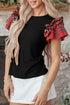 Pearl Accent Ruffled Sleeve Ribbed Knit Top