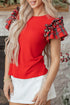 Pearl Accent Ruffled Sleeve Ribbed Knit Top