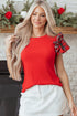 Pearl Accent Ruffled Sleeve Ribbed Knit Top