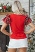 Pearl Accent Ruffled Sleeve Ribbed Knit Top