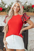 Pearl Accent Ruffled Sleeve Ribbed Knit Top