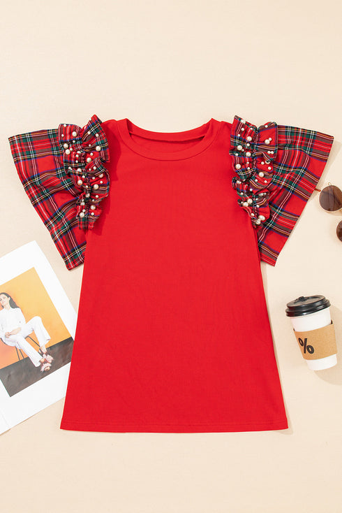 Pearl Accent Ruffled Sleeve Ribbed Knit Top