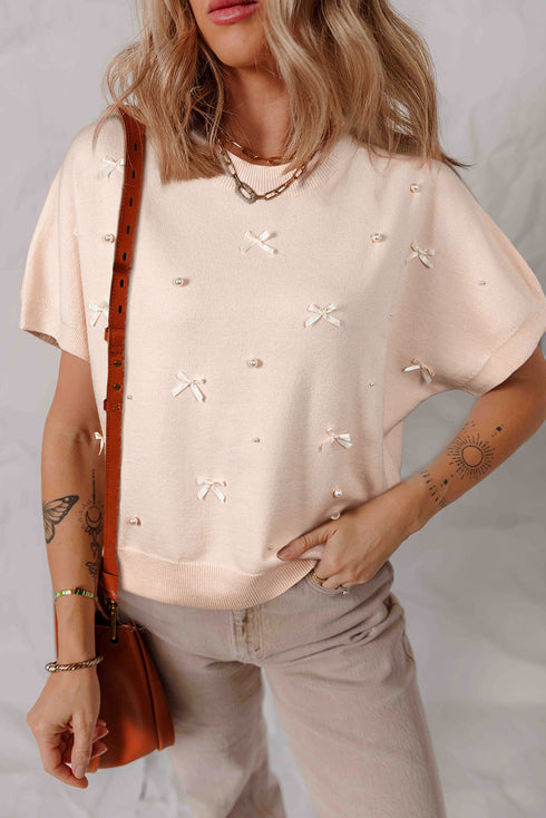 Pearl And Bow Accent Short Sleeve Knit Sweater