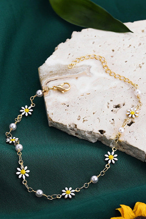 Pearl And Daisy Charm Link Chain Alloy Anklet