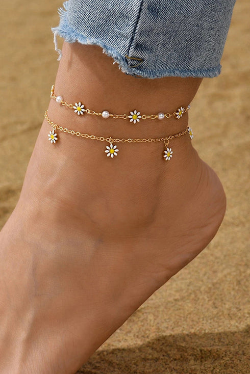 Pearl And Daisy Charm Link Chain Alloy Anklet