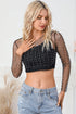 Pearl and Rhinestone Detail Sheer Mesh Top
