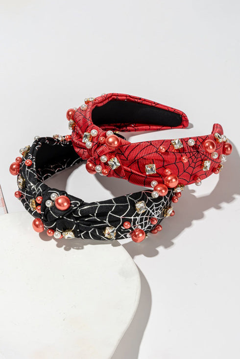 Pearl And Rhinestone Spiderweb Knotted Fabric Headband