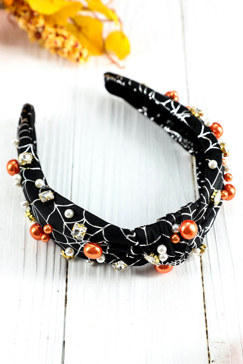 Pearl And Rhinestone Spiderweb Knotted Fabric Headband
