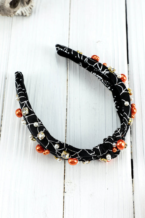 Pearl And Rhinestone Spiderweb Knotted Fabric Headband