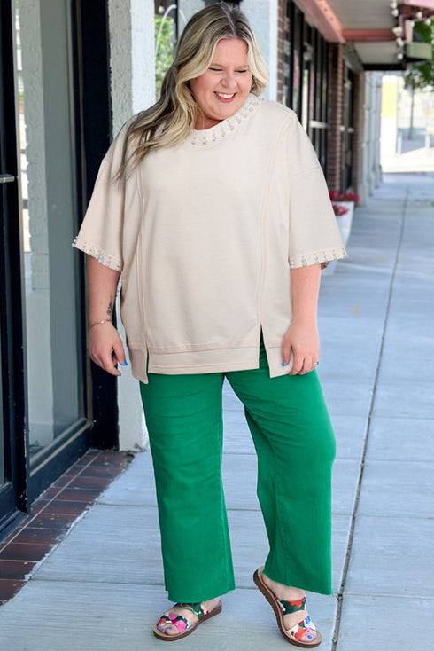 Pearl Bead Embellished Crew Neck Half Sleeve Tee