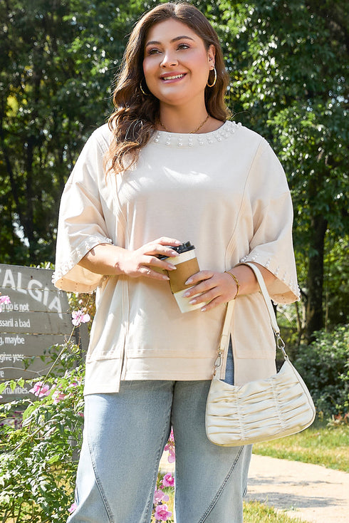 Pearl Bead Embellished Crew Neck Half Sleeve Tee