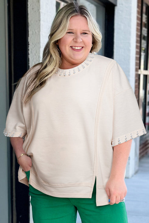 Pearl Bead Embellished Crew Neck Half Sleeve Tee