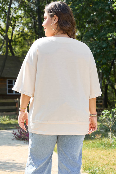 Pearl Bead Embellished Crew Neck Half Sleeve Tee