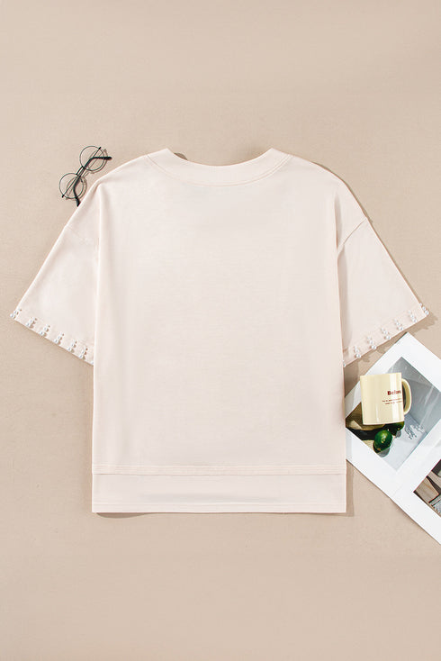 Pearl Bead Embellished Crew Neck Half Sleeve Tee