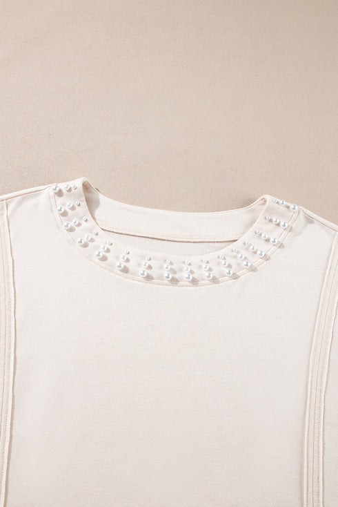 Pearl Bead Embellished Crew Neck Half Sleeve Tee