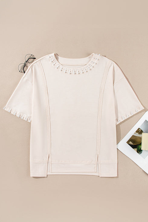 Pearl Bead Embellished Crew Neck Half Sleeve Tee
