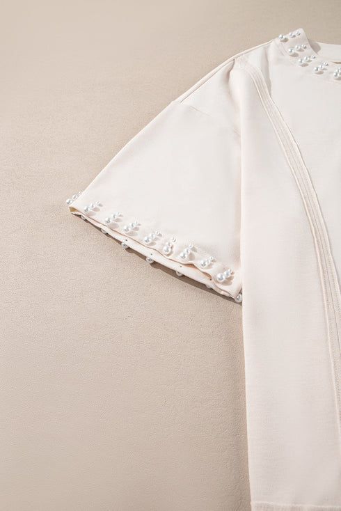 Pearl Bead Embellished Crew Neck Half Sleeve Tee