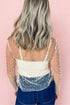 Pearl Beaded Mesh Raw Hem Long Sleeve Top