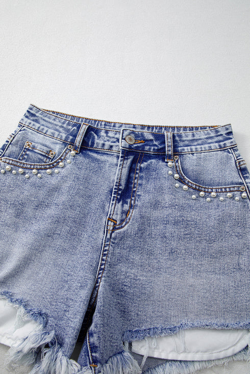 Pearl Beaded Pocket Raw Hem Western Denim Shorts
