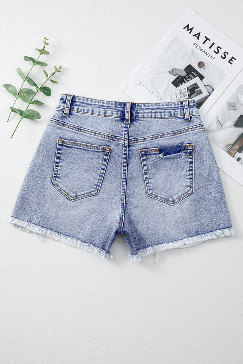 Pearl Beaded Pocket Raw Hem Western Denim Shorts