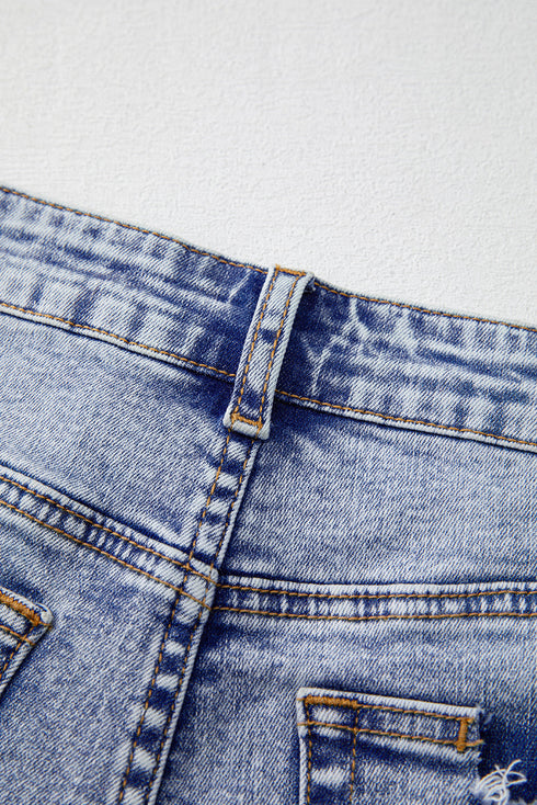 Pearl Beaded Pocket Raw Hem Western Denim Shorts