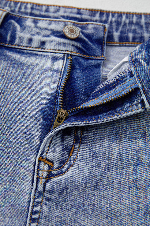 Pearl Beaded Pocket Raw Hem Western Denim Shorts