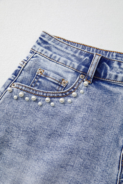 Pearl Beaded Pocket Raw Hem Western Denim Shorts