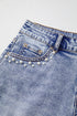 Pearl Beaded Pocket Raw Hem Western Denim Shorts