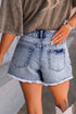 Pearl Beaded Pocket Raw Hem Western Denim Shorts