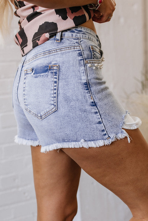 Pearl Beaded Pocket Raw Hem Western Denim Shorts