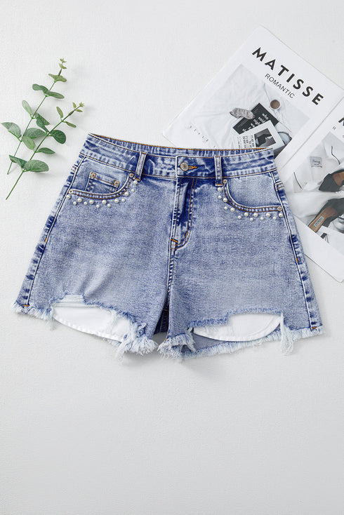 Pearl Beaded Pocket Raw Hem Western Denim Shorts