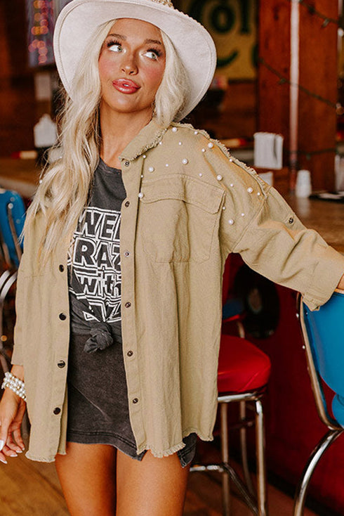 Pearl Beaded Raw Hem Button Up Denim Jacket