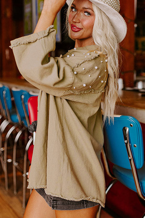 Pearl Beaded Raw Hem Button Up Denim Jacket