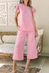 Pearl Beaded Ruffle Sleeve Textured Wide Leg Pant Sets