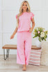 Pearl Beaded Ruffle Sleeve Textured Wide Leg Pant Sets